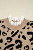 Brown Leopard Pattern Lace Ribbed Detail Button Cuffed Sweater