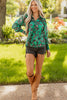 Green Leaves Print Contrast Trim V Neck Shirred Puff Sleeve Blouse