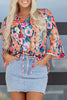 Black Floral 3/4 Flare Sleeve Tied V Neck Blouse