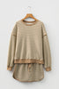 Brown Stripe Textured Drop Shoulder Pullover Top Drawstring Mini Skirt Two Piece Dress Set
