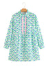 Green Floral Print Notched Neck Scalloped Detail Long Sleeve Mini Dress