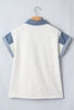 Carbon Grey Denim Color Block Patchwork Shirt Collar Short Sleeve Blouse