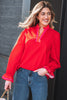 Black Striped Trim Ruffle Split Neck Long Sleeve Blouse