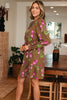 Brown Contrast Floral Print Babydoll Tunic Ruffled Hem Puff Sleeve Dress