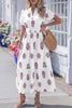 White Floral Print Split Neck Shirred High Waist Ruffle Hem Maxi Dress