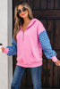 Parchment Checkered Patchwork Kangaroo Pocket Half Zipper Hoodie