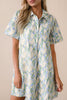 Green Floral Print Shirtcollar Buttoned Short Sleeve Shift Dress