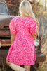 Rose Leopard Puff Sleeve Tie Front High Waist Mini Dress