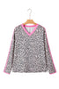 Khaki Leopard Print Contrast V Neck Varsity Stripe Detail Long Sleeve Top