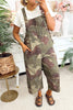 Green Camouflage Print Leopard Detail Loose Denim Overall Cropped Jumpsuit