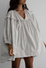 White Stripe Checkered Frilled V Neck Bracelet Sleeve Babydoll Dress