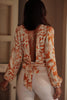 Orange Floral Print Knotted Open Back Long Sleeve Blouse