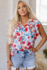Red Flowers Pintuck Detail V-Neck Ruffled Sleeve Top