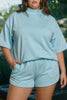 Mist Blue Solid Color Mock Neck Half Sleeve Top Plus Size 2pcs Short Set