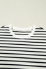 White Stripe Ruffle Trim Drop Shoulder Top Drawstring Loose Pant Set