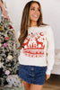 Beige Pixel Snowflake Reindeer Christmas Round Neck Casual Sweater