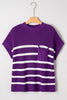 Purple Stripe Raw Edge Patched Pocket Short Sleeve Knit Sweater