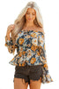 Blue Floral Off Shoulder Bell Sleeve Smocked Peplum Top