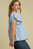 Beau Blue Solid Color Embroidered Scalloped Sleeves Crew Neck Blouse