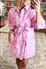 Pink Abstract Leopard Print Tie Waist Puff Sleeve Mini Shirt Dress
