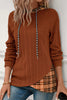 Chestnut Plaid Patchwork Ribbed Knit Drawstring Hooded Top
