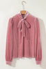 Fushia Solid Color Velvet Ribbon Bow Knot Long Sleeve Blouse
