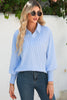 Gray Pinstripe Long Sleeve Smocked Cuffs Button Shirt Collar Blouse