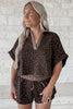 Brown V Neck Collar Leopard Printed 2pcs Short Set