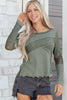 Sage Green Solid Color Waffle Ribbed Lace Patchwork Long Sleeve Top
