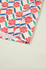 Red Floral Print Striped Detail V Neck Ruffled Short Sleeve Blouse