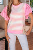 Pink Stripe Ruffled Short Sleeve Patchwork Blouse