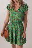 Green Floral Tie Split Neck Frilly Ruffle Trim Tiered Short Dress