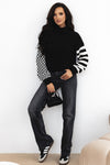 Smoke Gray Striped Plaid Patchwork Waffle Knit Turtleneck Sweater