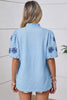 Beau Blue Flower Embroidered Puff Sleeve Split Neck Textured Blouse
