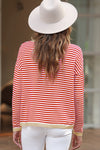 Fiery Red Contrast Trimmed Striped Drop Shoulder Sweater