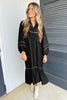 Black Contrast Leopard Trim Split Neck Long Sleeve Casual Midi Dress