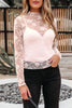 Apricot Pink Sheer Floral Lace Mesh Mock Neck Long Sleeve Top