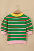 Green Stripe Colorblock Trim Half Sleeve Sweater Top