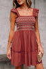 Red Sandalwood Geometric Stitch Shirred Bodice Ruffled Trim Sleeveless Mini Dress