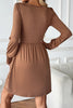 Chestnut Shirred Cuff Long Sleeve Button Round Neck Mini Dress