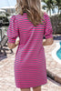 Pink Stripe Collared V Neck Puff Sleeve T Shirt Dress