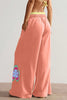 Sky Blue Color Block Flower Patchwork Drawstring Contrasted Elastic Waist Wide Leg Pants