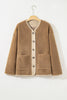 Light French Beige Puffy Plush Corduroy Edge Patchwork Jacket with Big Pockets