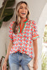 Red Floral Print Striped Detail V Neck Ruffled Short Sleeve Blouse