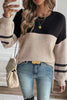 Dark Brown Color Block Knit Striped Sleeve Detail Casual Sweater