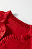 Fiery Red Solid Color Frilled V Neck Bow Detail 3/4 Sleeve Blouse