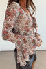 Red Floral Print Stitched Detail Tie V Neck Long Bell Sleeve Blouse