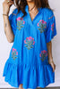 Blue Flower Embroidered Split Neck Short Puff Sleeve Ruffle Hem Dress