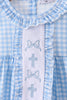 Blue cross bow embroidery ruffle gingham bloomer set