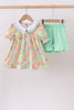Pink floral print puff sleeve ruffle shorts set